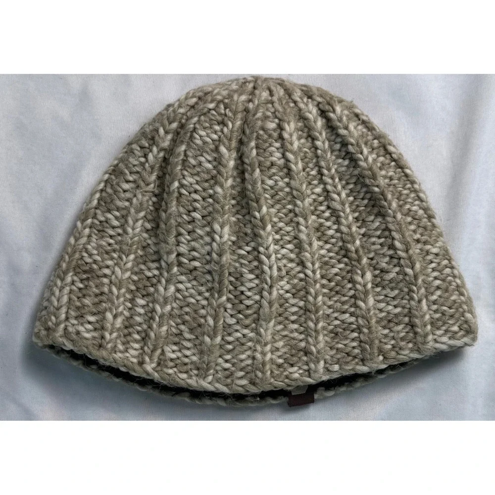 Orage Beanie Hat Beige Cream Wool Blend Chunky Rib Knit Fleece Lined Winter Ski